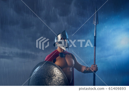 Spartan warrior with spear and shield. 61409893