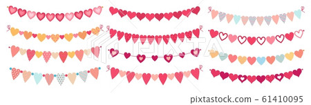 Bunting hearts. Love valentines heart shapes buntings, wedding day decorations and ornament cute heart flags vector set Bunting hearts. Love valentines heart shapes buntings, wedding day decorations and ornament cute heart flags vector set 61410095