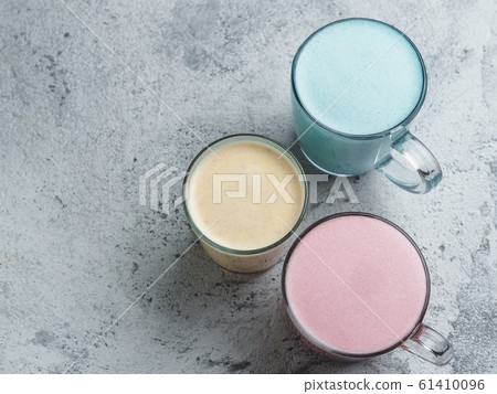 blue spirulina, yellow turmeric, pink beetroot latte blue spirulina, yellow turmeric, pink beetroot latte 61410096