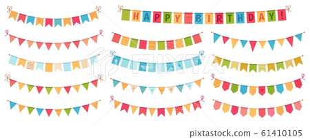 Party bunting. Color paper triangular flags collected and draped in garlands, happy birthday buntings cartoon vector set 61410105