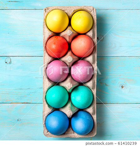 Easter concept, top view, blue wood Easter concept, top view, blue wood 61410239