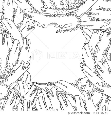 Black and white frame with funny crocodiles in coloring page style 61410240