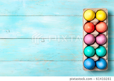 Easter concept, copy space, top view, blue wood Easter concept, copy space, top view, blue wood 61410281
