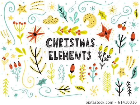 Christmas floral elements collection. Hand drawn floral objects 61410310