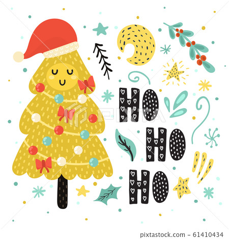 Ho Ho Ho card with a cute Christmas tree in Santa hat 61410434