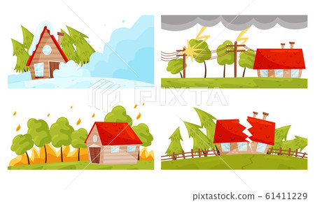Natural Disaster with Landslide and Earthquake Vector Illustrations Set. Force of Nature Concept 61411229