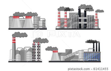Industrial Buildings and Factories Vector Set. Plants with Chimneys Discharging Manufacturing Smoke 61411455