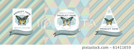 Three colored labels with illustration of urania rhipheus 61411659