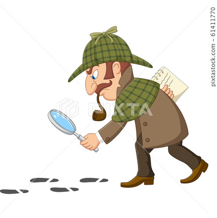 Cartoon of a detective investigate following footprints 61411770