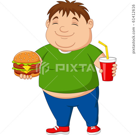 Overweight boy holding hamburger and soda drink Overweight boy holding hamburger and soda drink 61412616