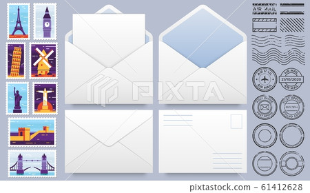 Mail envelope with post stamps. Postage stamp, stamps frames and realistic mail envelopes mockup template vector set. Open and closed paper envelopes, postal seals and postmarks with landmarks 61412628