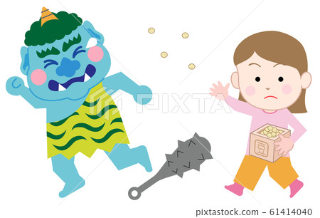 Girl throwing beans at demon on Setsubun Day-white background 61414040