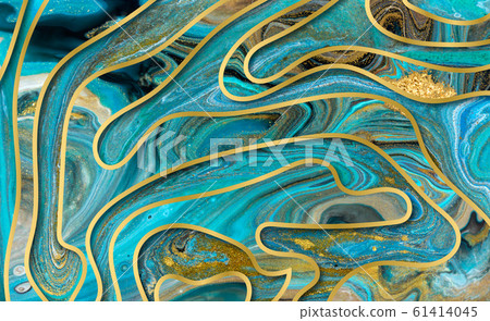 Blue and gold agate ripple pattern. Marble background with wave layers. 61414045