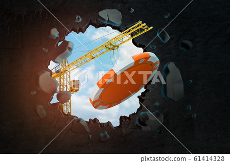 3d rendering of construction crane and orange casino token breaking through black wall 61414328