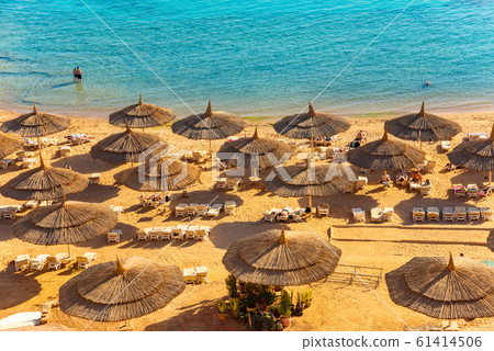Red sea beach from aerial top view. Tourists relaxing under umbrellas 61414506