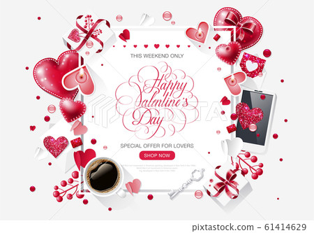 Valentine day love cup coffee isolated lettering web brochure flyer for advertising sale party design element white background Valentine day love cup coffee isolated lettering web brochure flyer for advertising sale party design element white background 61414629