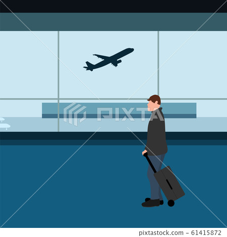 Male tourist with a suitcase at the airport waiting for the plane. Cartoon flat design, vector illustration Male tourist with a suitcase at the airport waiting for the plane. Cartoon flat design, vector illustration 61415872