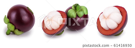 ripe mangosteen with leaves isolated on white background closeup. Set or collection ripe mangosteen with leaves isolated on white background closeup. Set or collection 61416930