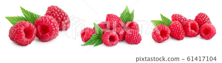 Ripe raspberries with leaf isolated on a white background, Set or collection Ripe raspberries with leaf isolated on a white background, Set or collection 61417104