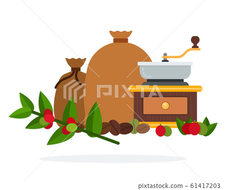 Manual coffee grinder with bags of coffee and coffee branch vector flat isolated Manual coffee grinder with bags of coffee and coffee branch vector flat isolated 61417203