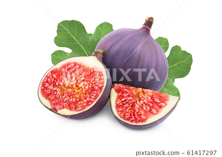 Fresh fig fruit and half with leaves isolated on white background Fresh fig fruit and half with leaves isolated on white background 61417297