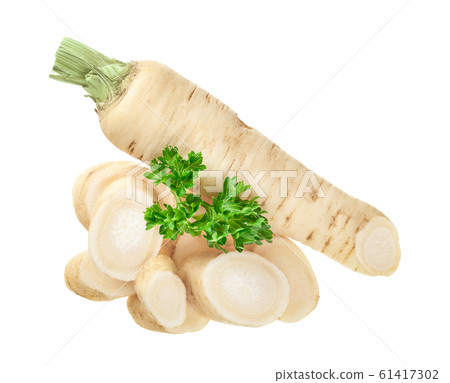 Parsley root with slices and leaves isolated on white background. Top view. Flat lay Parsley root with slices and leaves isolated on white background. Top view. Flat lay 61417302
