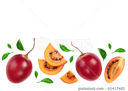 Fresh tamarillo fruit with leaves isolated on white background with copy space for your text. Top view. Flat lay Fresh tamarillo fruit with leaves isolated on white background with copy space for your text. Top view. Flat lay 61417485