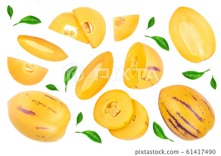 Fresh Pepino fruit with leaves isolated on white background. Top view, flat lay 61417490
