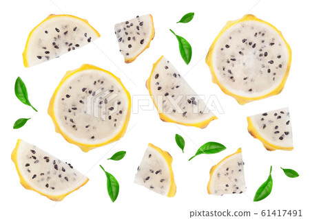 Dragon fruit, Pitaya or Pitahaya yellow with leaf isolated on white background. Top view. Flat lay Dragon fruit, Pitaya or Pitahaya yellow with leaf isolated on white background. Top view. Flat lay 61417491