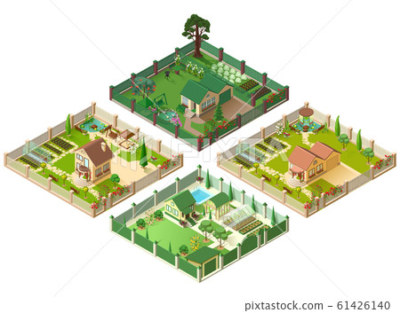 Country house and large garden. Set of 3d cottage isometric illustration 61426140