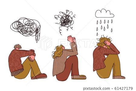 Mental disoder. Young people sitting on the floor. 61427179