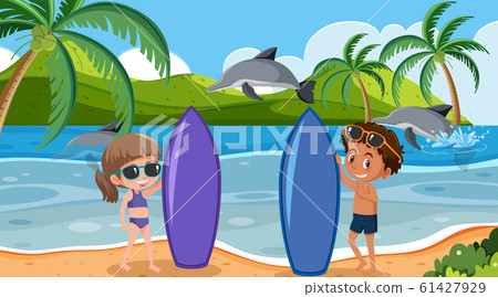 Background scene with surfers and dolphins 61427929