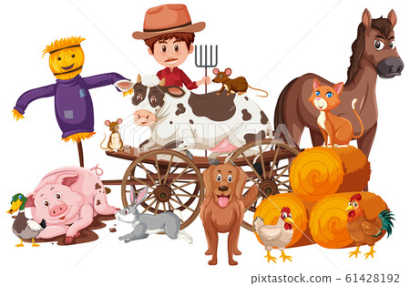 Farmer and farm animals on white background 61428192