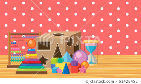 Scene with many toys on wooden floor - Stock Illustration [61428455 ...