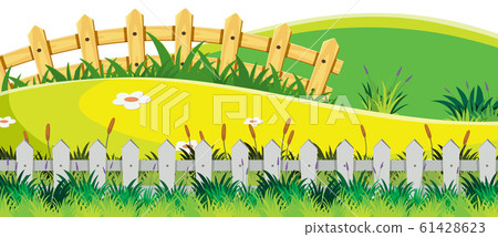 Landscape background with green field and fences Landscape background with green field and fences 61428623