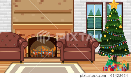Room with christmas tree by the fireplace 61428624