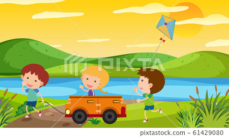 Nature Scene With Kids Playing In The Park Stock Illustration