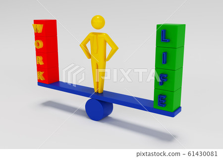 Figurine of a businessman standing on the scales, on the one hand work, on the other hand life. 3D rendering Figurine of a businessman standing on the scales, on the one hand work, on the other hand life. 3D rendering 61430081