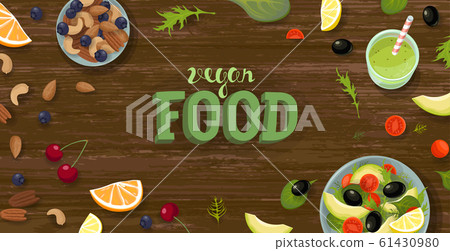 Salad and smoothie top view banner template. Healthy vegan food breakfast. Green fruit and vegetable bowl. Fitness diet ration fresh vegetarian flat lay vector illustration Salad and smoothie top view banner template. Healthy vegan food breakfast. Green fruit and vegetable bowl. Fitness diet ration fresh vegetarian flat lay vector illustration 61430980