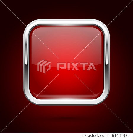 Red glass button with metal frame. Square icon on dark background 61431424