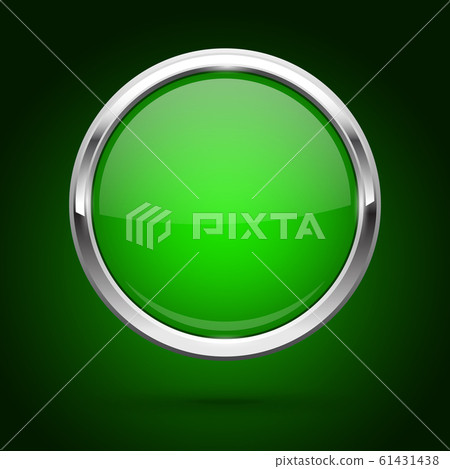 Green glass button with metal frame. Round icon... - Stock Illustration ...