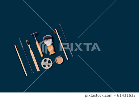 Zero waste accessories on dark blue background. 61431632