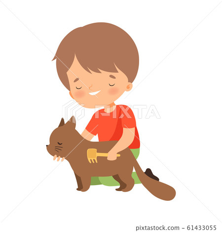 Little Boy Brushing His Cat Vector Illustration 61433055