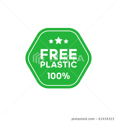 Free plastic 100 percent green hexagonal sticker. Certificate emblem label. Vector illustration. Free plastic 100 percent green hexagonal sticker. Certificate emblem label. Vector illustration. 61434323