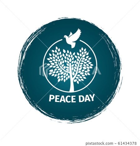 Grunge peace day logo with dove and tree Grunge peace day logo with dove and tree 61434378