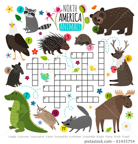 Animals crossword. Kids words brainteaser with north america animal set, word searching puzzle game Animals crossword. Kids words brainteaser with north america animal set, word searching puzzle game 61435754