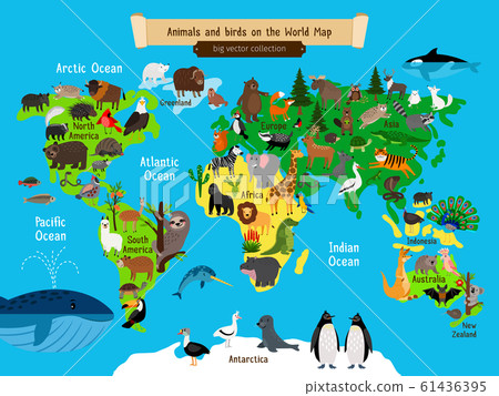 World Map Animals. Europe and Asia, South and North America, Australia and Africa Animals map vector illustration World Map Animals. Europe and Asia, South and North America, Australia and Africa Animals map vector illustration 61436395