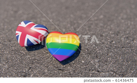 Two hearts Great Britain and LGBT on the asphalt, 3D rendering 61436475