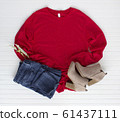 Red tshirt mockup with boots and jean. Pine cones 61437111