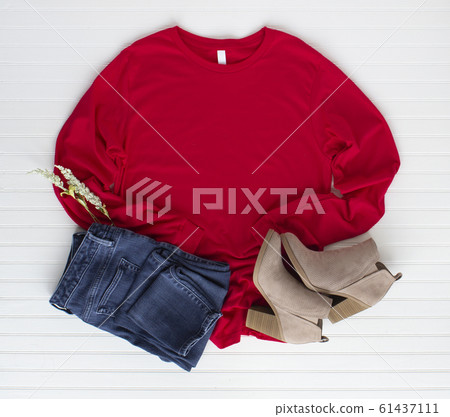 Red tshirt mockup with boots and jean. Pine cones Red tshirt mockup with boots and jean. Pine cones 61437111